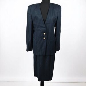 VTG Gilmor Suit Set Skirt and Blazer Career‎ Wear Women 8 Navy Blue Flax/Rayon